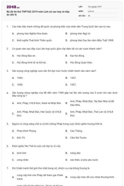 Bộ đề thi thử THPTQG 2019 môn Lịch sử cực hay có đáp án (đề 4)