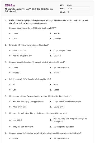 15 câu Trắc nghiệm Tin học 11 Cánh diều Bài 2: Tẩy xóa ảnh có đáp án