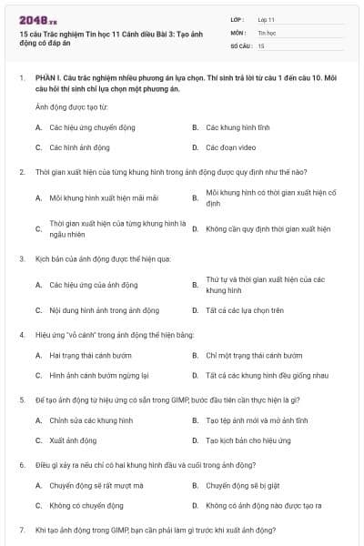 15 câu Trắc nghiệm Tin học 11 Cánh diều Bài 3: Tạo ảnh động có đáp án