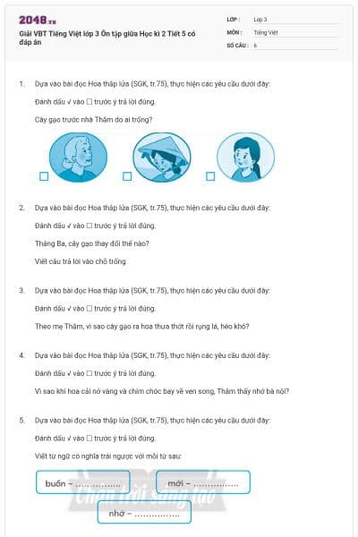 Giải VBT Tiếng Việt lớp 3 Ôn tập giữa Học kì 2 Tiết 5 có đáp án