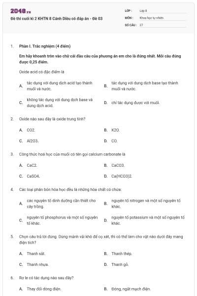 Đề thi cuối kì 2 KHTN 8 Cánh Diều có đáp án - Đề 03