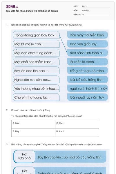 Giải VBT Âm nhạc 3 Chủ đề 8: Tình bạn có đáp án