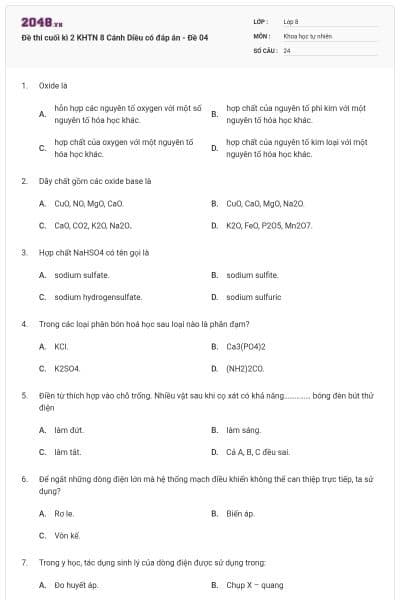 Đề thi cuối kì 2 KHTN 8 Cánh Diều có đáp án - Đề 04