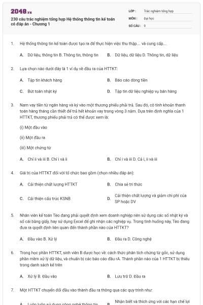 230 câu trắc nghiệm tổng hợp Hệ thống thông tin kế toán có đáp án - Chương 1