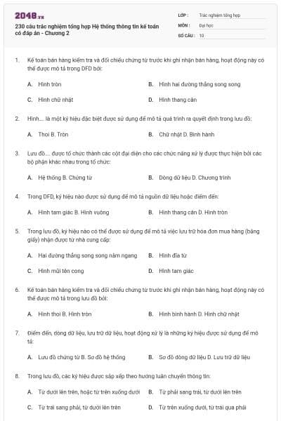 230 câu trắc nghiệm tổng hợp Hệ thống thông tin kế toán có đáp án - Chương 2