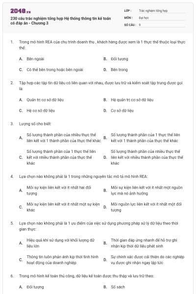 230 câu trắc nghiệm tổng hợp Hệ thống thông tin kế toán có đáp án - Chương 3