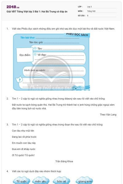 Giải VBT Tiếng Việt lớp 3 Bài 1: Hai Bà Trưng có đáp án