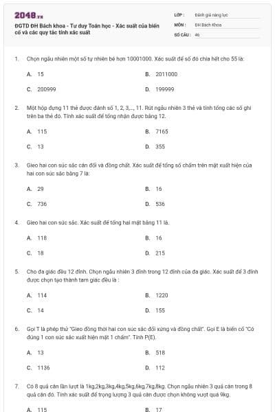 ĐGTD ĐH Bách khoa - Tư duy Toán học - Xác suất của biến cố và các quy tắc tính xác suất