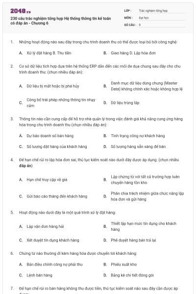 230 câu trắc nghiệm tổng hợp Hệ thống thông tin kế toán có đáp án - Chương 6