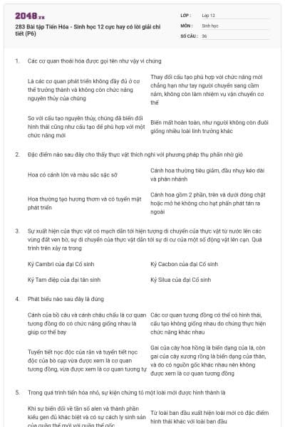 283 Bài tập Tiến Hóa - Sinh học 12 cực hay có lời giải chi tiết (P6)