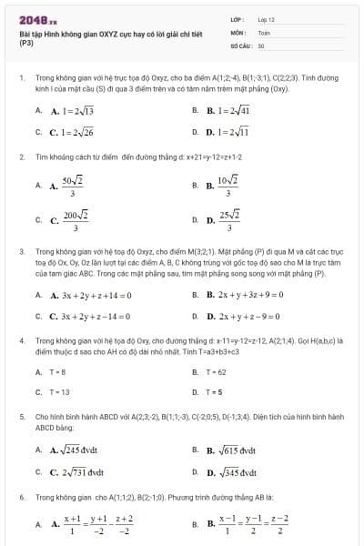 Bài tập Hình không gian OXYZ cực hay có lời giải chi tiết (P3)