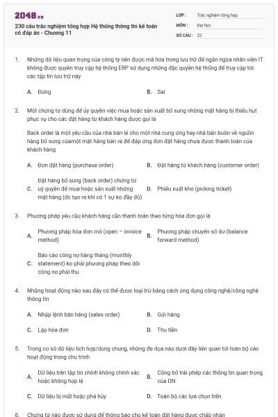 230 câu trắc nghiệm tổng hợp Hệ thống thông tin kế toán có đáp án - Chương 11