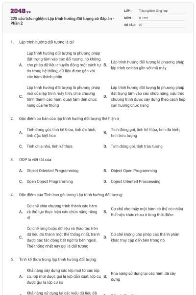 225 câu trắc nghiệm Lập trình hướng đối tượng có đáp án - Phần 2