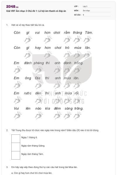 Giải VBT Âm nhạc 3 Chủ đề 1: Lễ hội âm thanh có đáp án