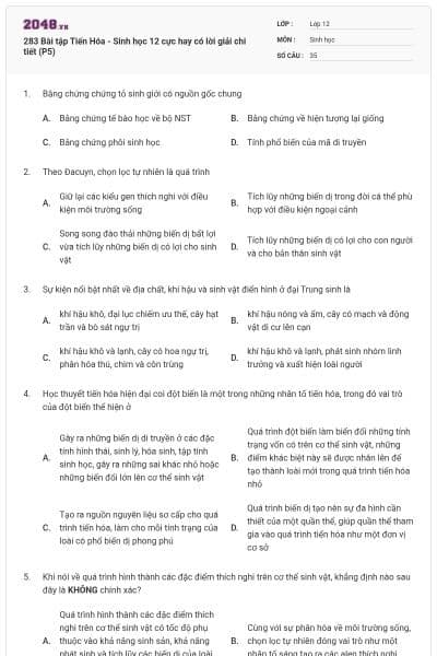 283 Bài tập Tiến Hóa - Sinh học 12 cực hay có lời giải chi tiết (P5)