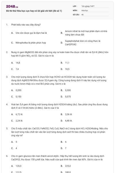 Đề thi thử Hóa học cực hay có lời giải chi tiết (đề số 1)