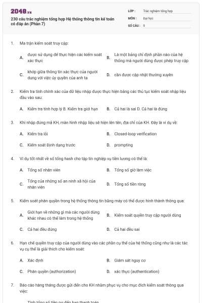 230 câu trắc nghiệm tổng hợp Hệ thống thông tin kế toán có đáp án (Phần 7)