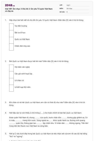 Giải VBT Âm nhạc 3 Chủ đề 2: Em yêu Tổ quốc Việt Nam có đáp án
