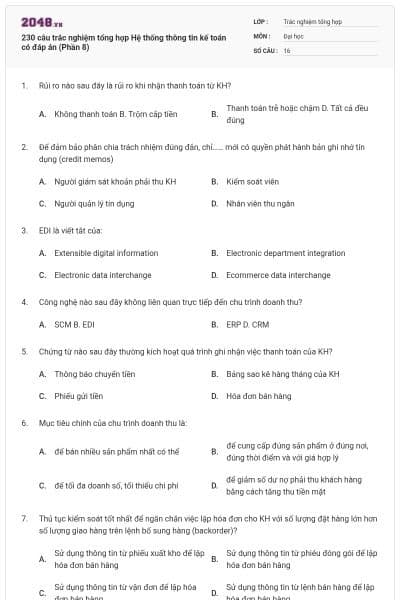 230 câu trắc nghiệm tổng hợp Hệ thống thông tin kế toán có đáp án (Phần 8)