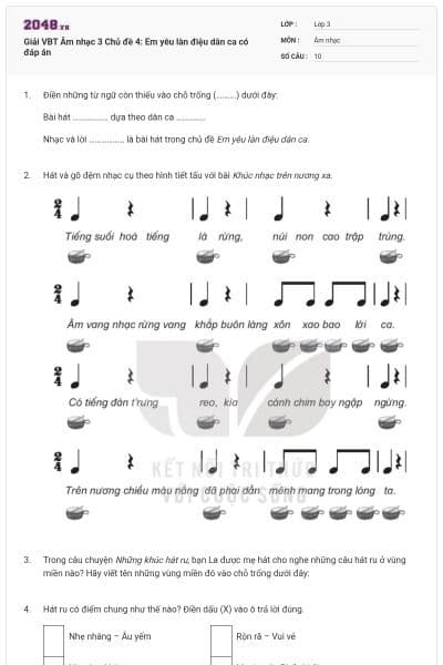 Giải VBT Âm nhạc 3 Chủ đề 4: Em yêu làn điệu dân ca có đáp án