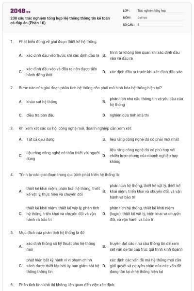 230 câu trắc nghiệm tổng hợp Hệ thống thông tin kế toán có đáp án (Phần 10)