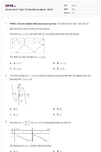 Đề thi cuối kì 1 Toán 12 Cánh Diều có đáp án - Đề 03