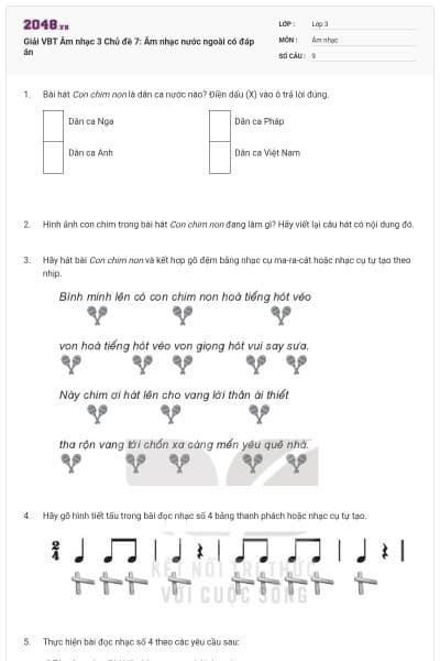 Giải VBT Âm nhạc 3 Chủ đề 7: Âm nhạc nước ngoài có đáp án