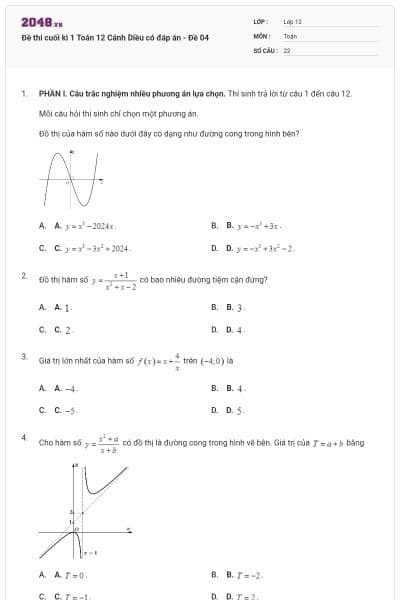 Đề thi cuối kì 1 Toán 12 Cánh Diều có đáp án - Đề 04