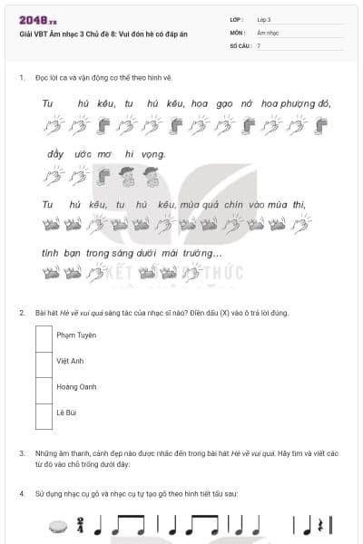 Giải VBT Âm nhạc 3 Chủ đề 8: Vui đón hè có đáp án