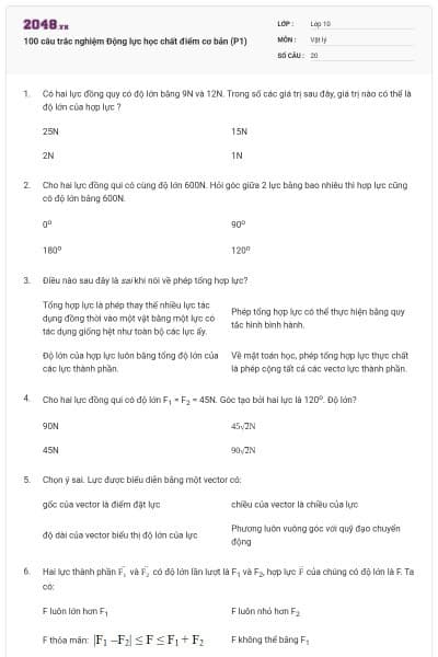 100 câu trắc nghiệm Động lực học chất điểm cơ bản (P1)