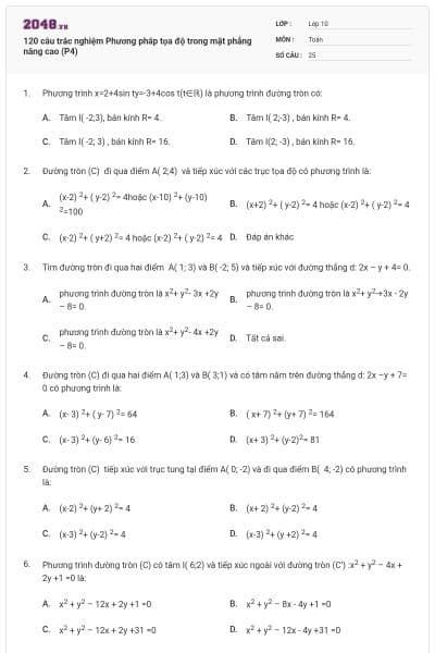 120 câu trắc nghiệm Phương pháp tọa độ trong mặt phẳng nâng cao (P4)