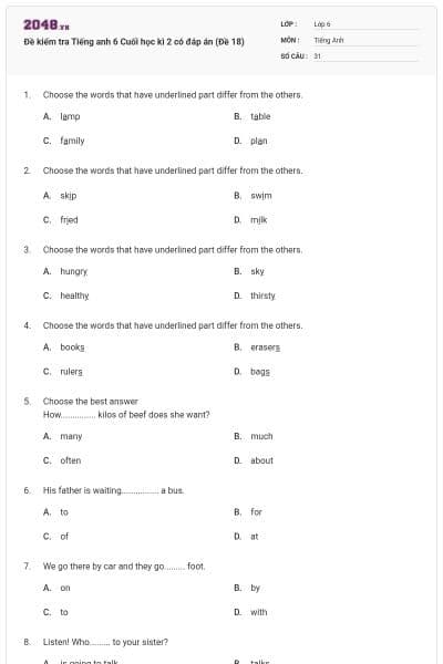 Đề kiểm tra Tiếng anh 6 Cuối học kì 2 có đáp án (Đề 18)