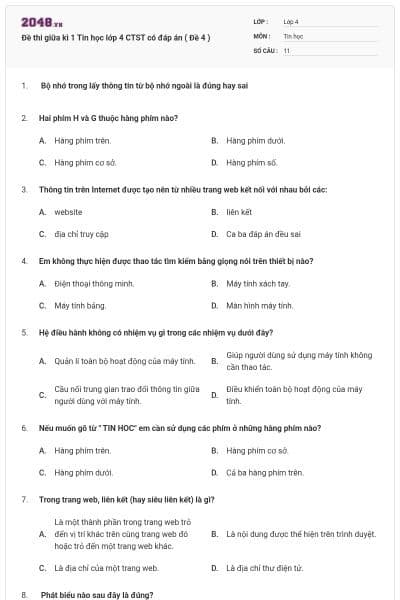 Đề thi giữa kì 1 Tin học lớp 4 CTST có đáp án ( Đề 4 )