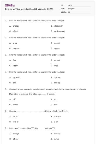 Đề kiểm tra Tiếng anh 6 Cuối học kì 2 có đáp án (Đề 19)