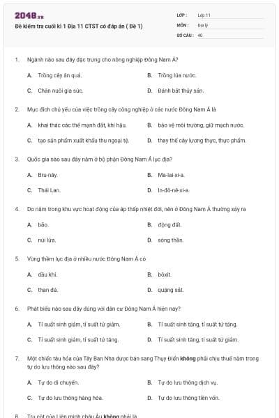 Đề kiểm tra cuối kì 1 Địa 11 CTST có đáp án ( Đề 1)