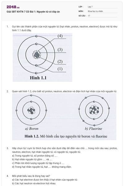 Giải SBT KHTN 7 CD Bài 1: Nguyên tử có đáp án