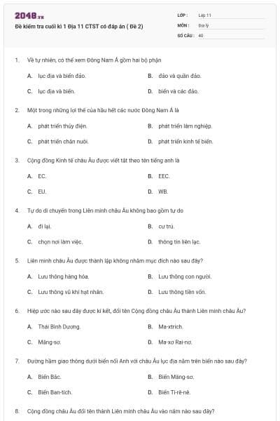 Đề kiểm tra cuối kì 1 Địa 11 CTST có đáp án ( Đề 2)