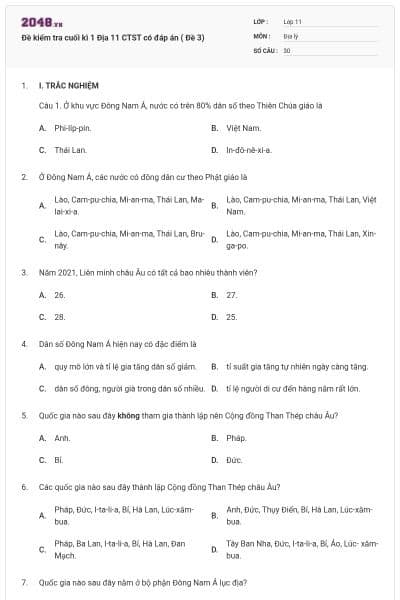 Đề kiểm tra cuối kì 1 Địa 11 CTST có đáp án ( Đề 3)
