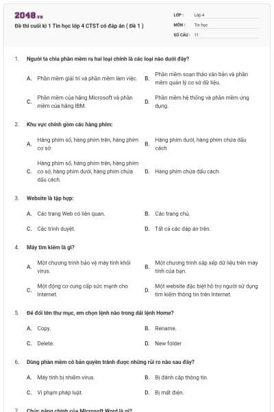 Đề thi cuối kì 1 Tin học lớp 4 CTST có đáp án ( Đề 1 )