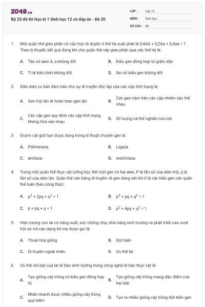 Bộ 25 đề thi Học kì 1 Sinh học 12 có đáp án - Đề 20