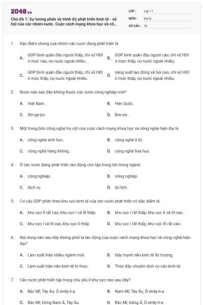 Chủ đề 1: Sự tương phản về trình độ phát triển kinh tế - xã hội của các nhóm nước. Cuộc cách mạng khoa học và công nghệ hiện đại