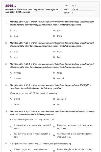 Đề thi chính thức vào 10 môn Tiếng Anh sở GDĐT Nghệ An năm 2023 - 2024 có đáp án