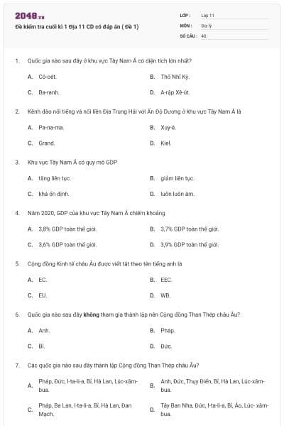 Đề kiểm tra cuối kì 1 Địa 11 CD có đáp án ( Đề 1)