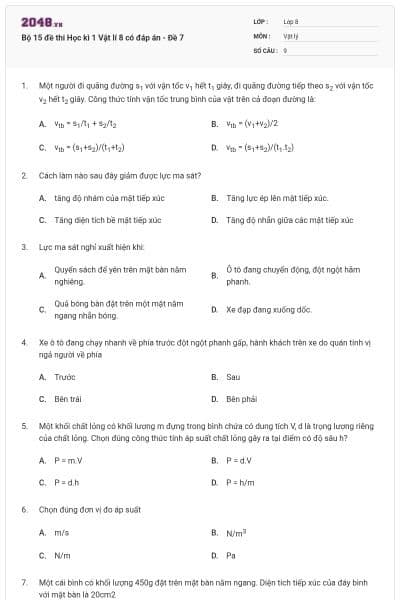Bộ 15 đề thi Học kì 1 Vật lí 8 có đáp án - Đề 7