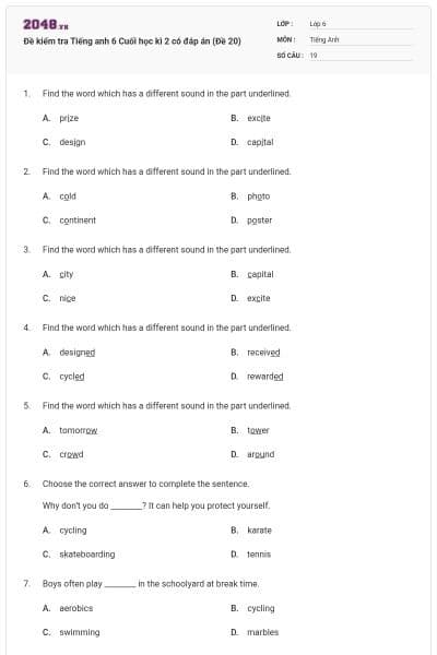 Đề kiểm tra Tiếng anh 6 Cuối học kì 2 có đáp án (Đề 20)