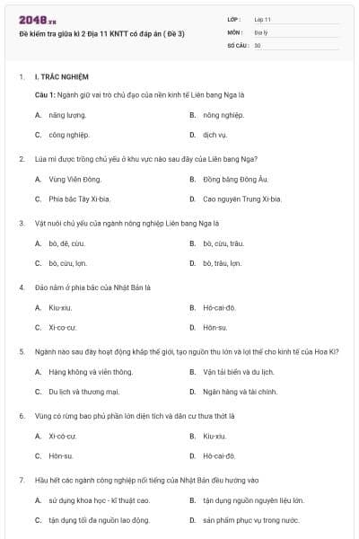 Đề kiểm tra giữa kì 2 Địa 11 KNTT có đáp án ( Đề 3)