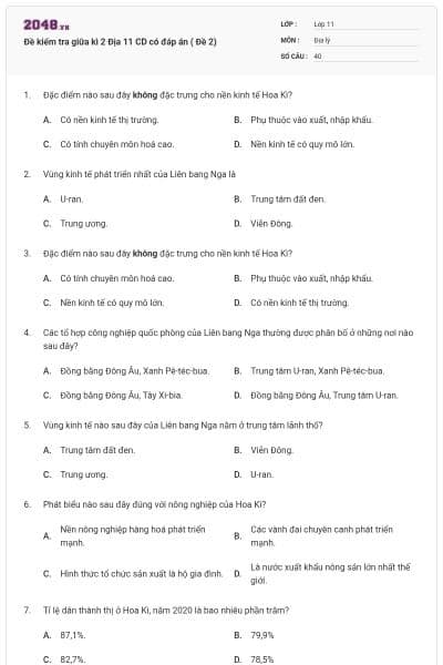 Đề kiểm tra giữa kì 2 Địa 11 CD có đáp án ( Đề 2)