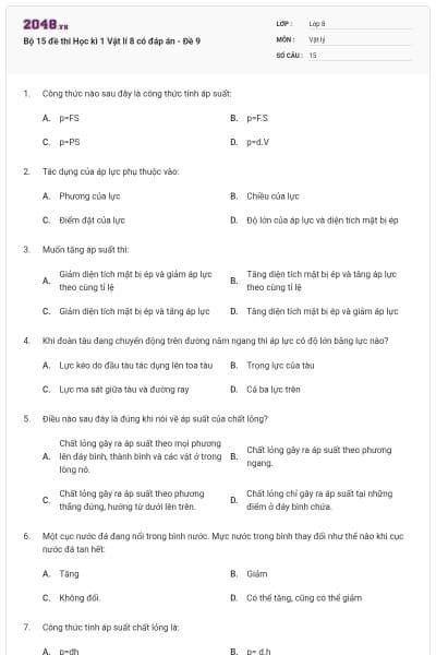 Bộ 15 đề thi Học kì 1 Vật lí 8 có đáp án - Đề 9