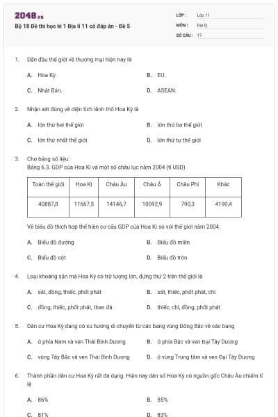 Bộ 18 Đề thi học kì 1 Địa lí 11 có đáp án - Đề 5