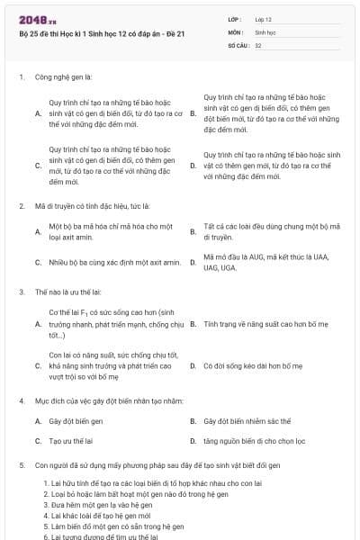 Bộ 25 đề thi Học kì 1 Sinh học 12 có đáp án - Đề 21